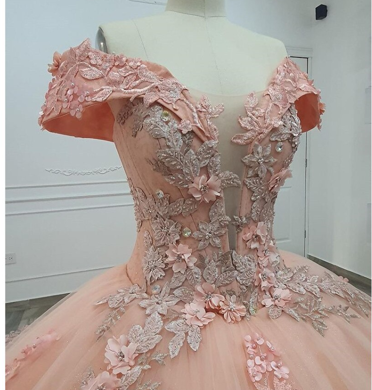 Off The Shoulder Pink Ball Gown Long Train Tulle Appliuqes Sweet 16 Dress - View 3 | VelvetHem