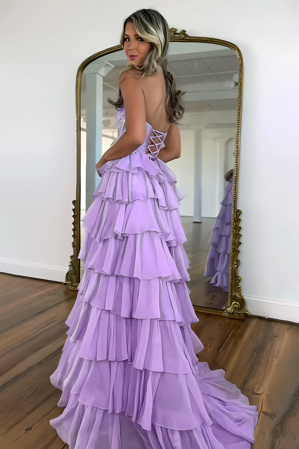 Stunning Strapless A-Line Sparkly Long Layered Chiffon Prom Dress With Slit - View 11 | VelvetHem