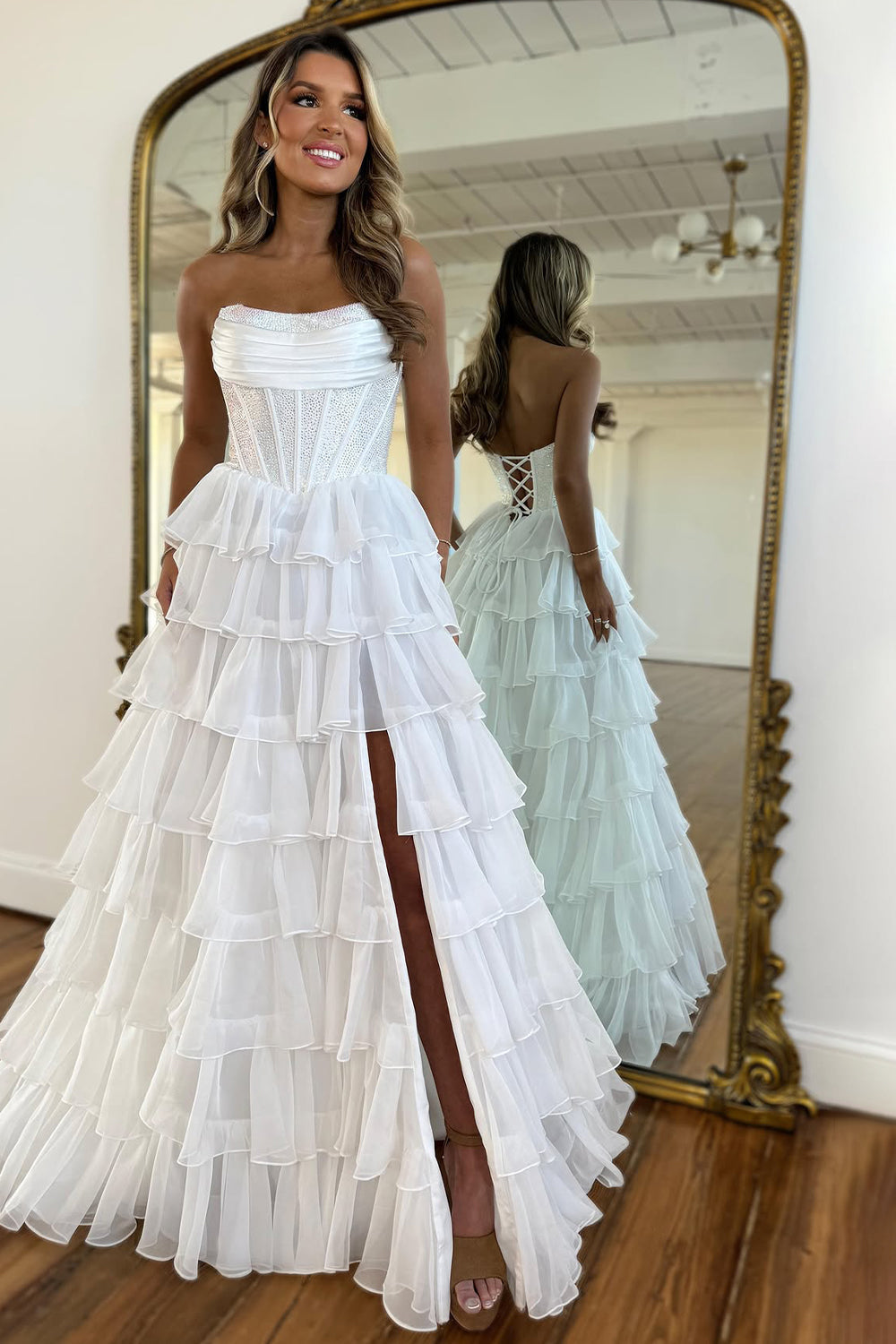 Stunning Strapless A-Line Sparkly Long Layered Chiffon Prom Dress With Slit - View 13 | VelvetHem