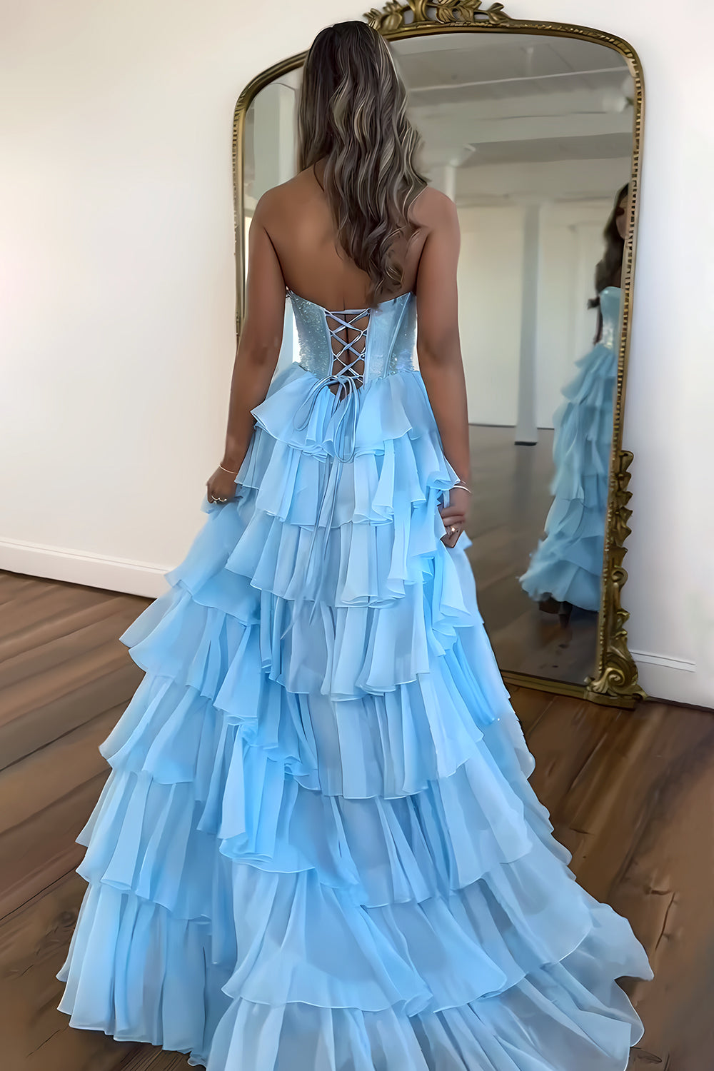 Stunning Strapless A-Line Sparkly Long Layered Chiffon Prom Dress With Slit - View 9 | VelvetHem