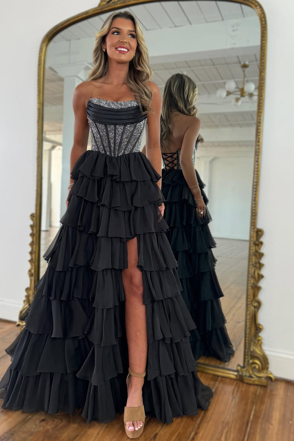Gorgeous Royal Blue A-Line Sparkly Long Layered Chiffon Prom Dress With Slit - View 8 | VelvetHem