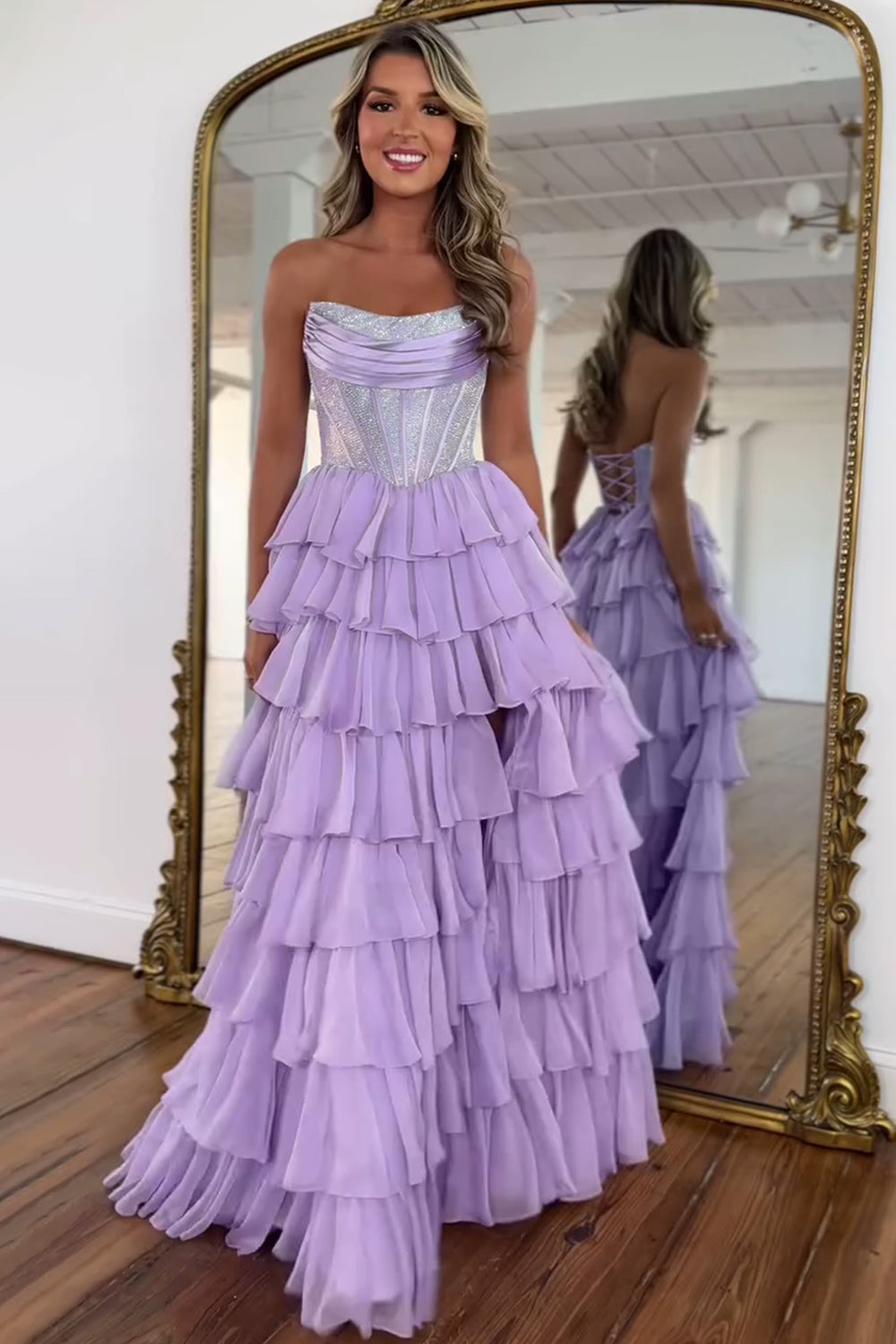 Gorgeous Royal Blue A-Line Sparkly Long Layered Chiffon Prom Dress With Slit - View 14 | VelvetHem