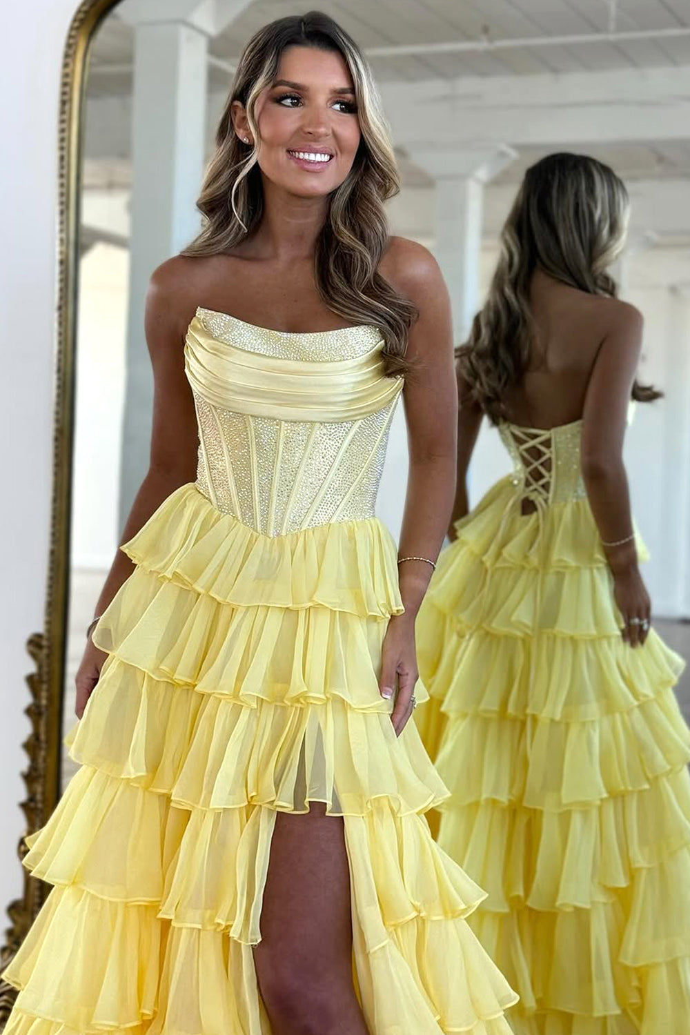 Stunning Strapless A-Line Sparkly Long Layered Chiffon Prom Dress With Slit - View 2 | VelvetHem