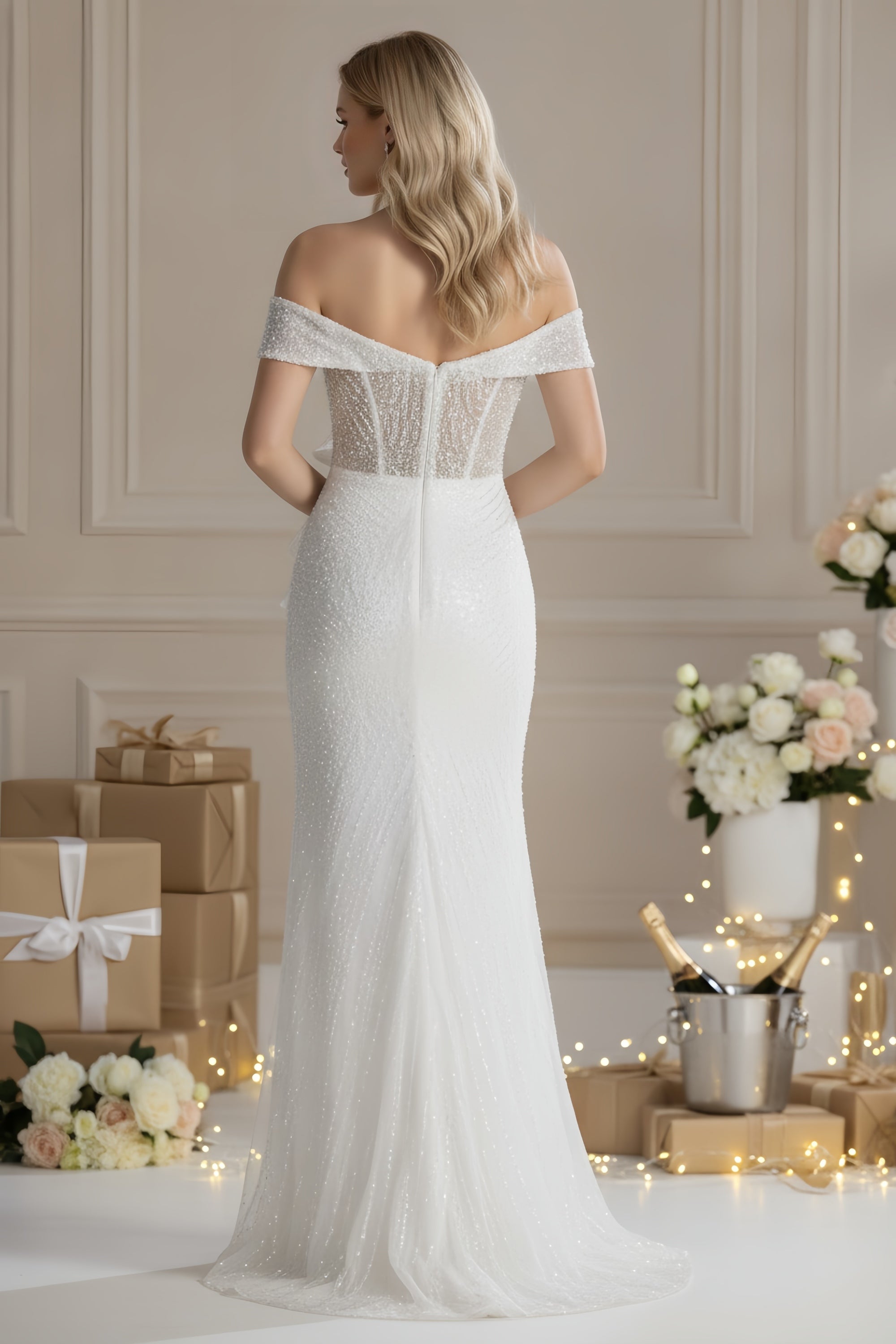 Elegant Off-Shoulder Beaded Corset Evening Gown with Slit