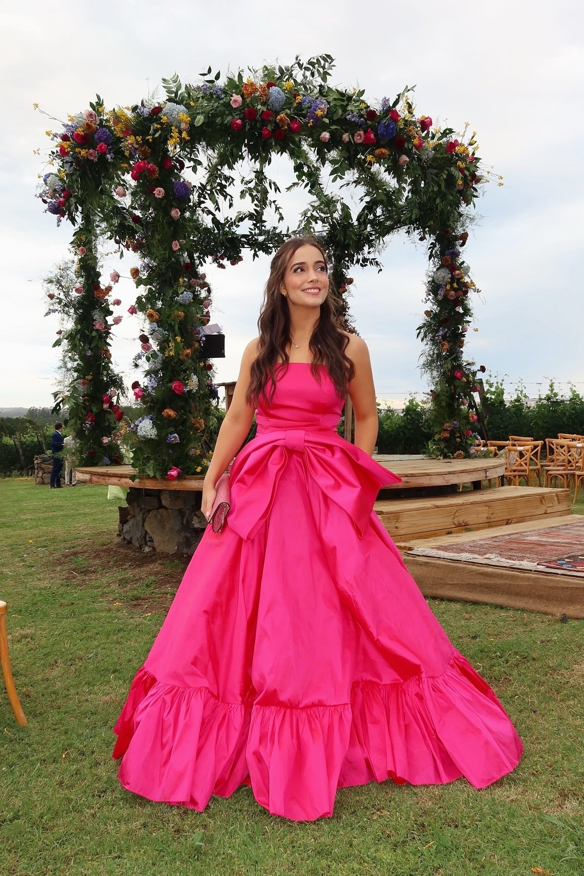 Sweety A Line Strapless Pink Long Party Dress with Bowknot - View 3 | VelvetHem