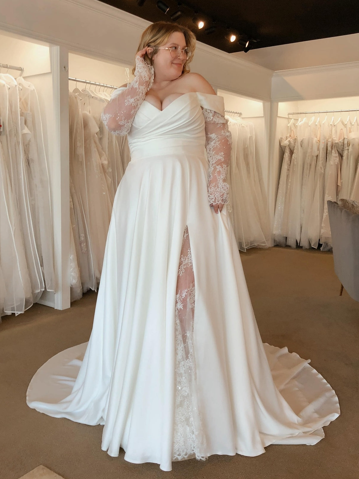 Off the Shoulder Lace Sleeves Satin A-Line Wedding Dress With Slit