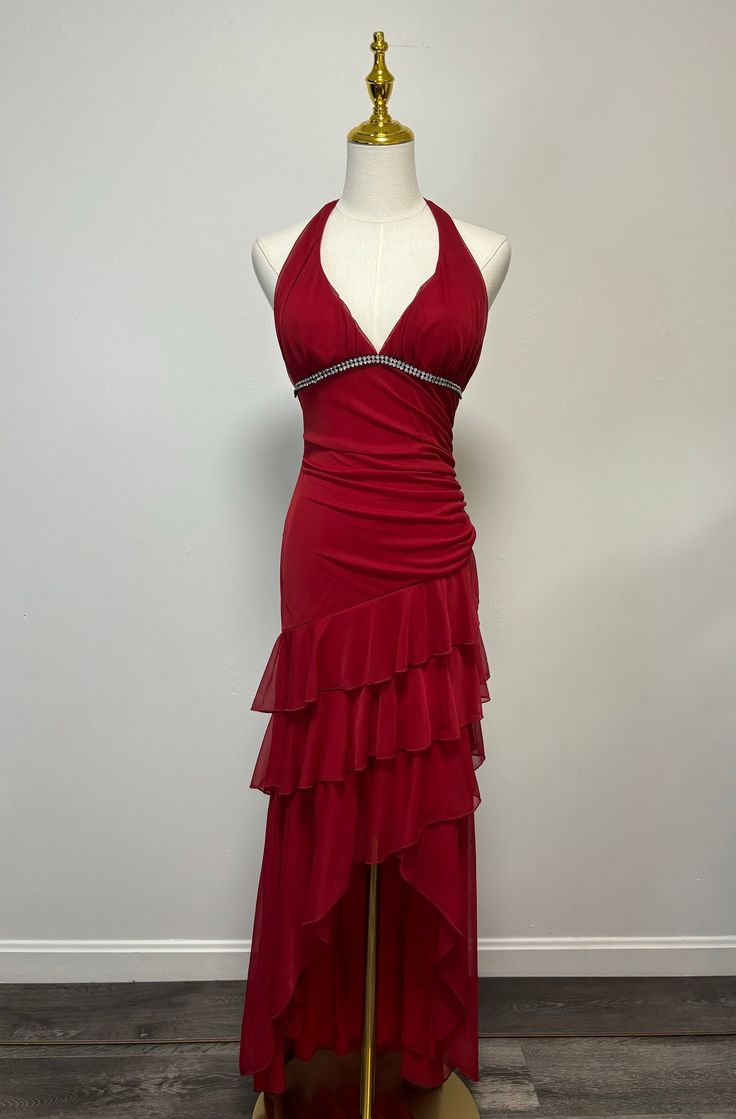 Vintage Red Asymmetrical Ruffle Tiered Halter Formal Prom Dress Evening Dress - VelvetHem