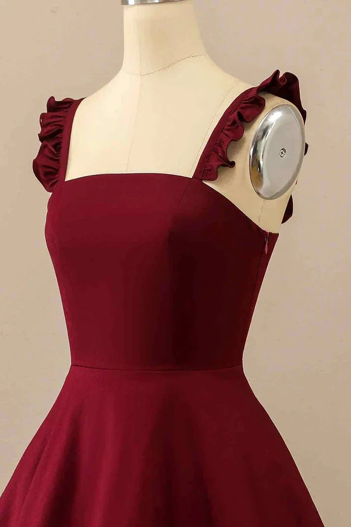 Burgundy A-line Ruffle Straps Satin Mini Homecoming Dress (ZD12804)