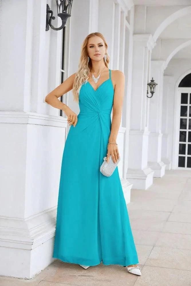 Ladies Chiffon Spaghetti Strap V Neck Front Slit Floor Length Bridesmaid Evening Dress Prom Party Wedding Evening Dress 28116 by numbersea