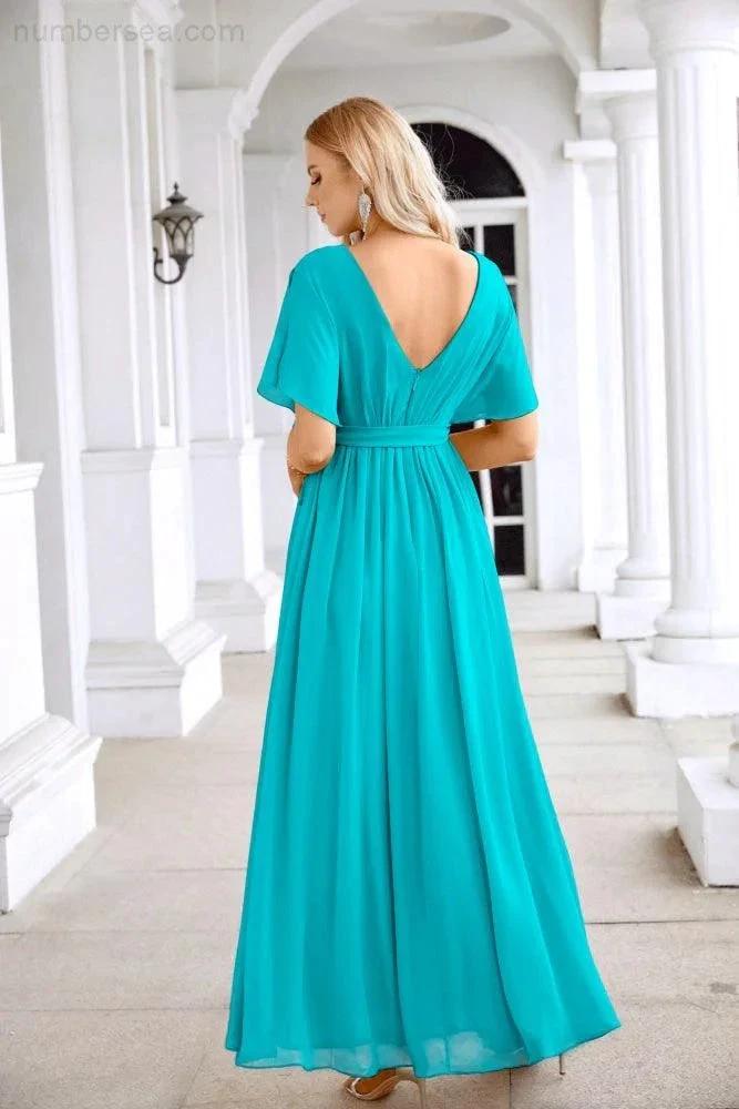 Ladies Chiffon Sleeve Crew Neck Front Slit Floor Length Bridesmaid Evening Dress Wedding Party Evening Dress 28124 (ZD17007)