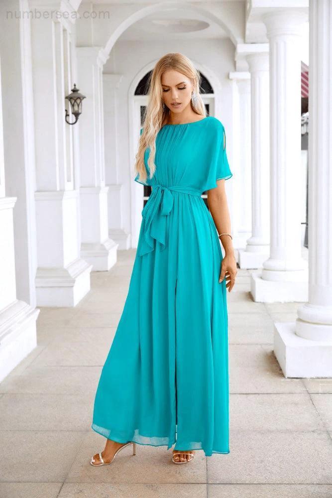 Ladies Chiffon Sleeve Crew Neck Front Slit Floor Length Bridesmaid Evening Dress Wedding Party Evening Dress 28124 (ZD17007)