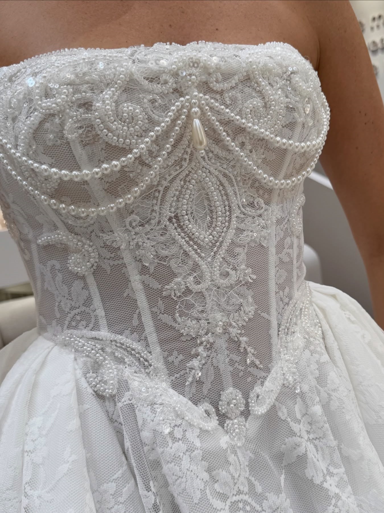 Strapless Pearl Embellished Lace Ball Gown Wedding Dress With Full Lace Train