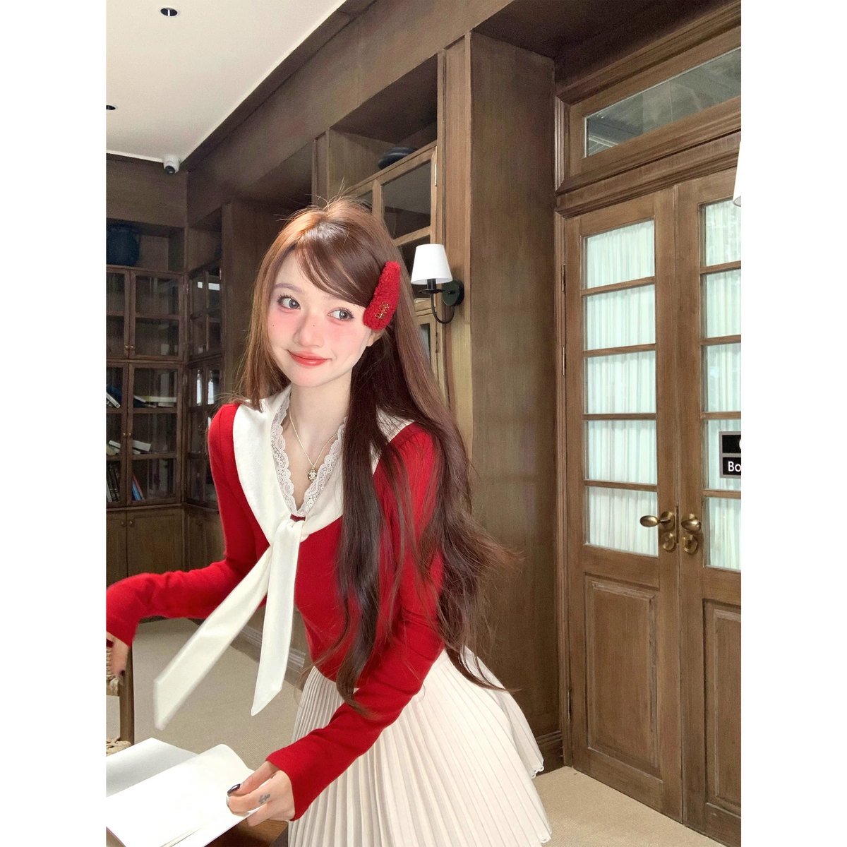 Red women's cable knit sweater for autumn and winter A19 - VelvetHem