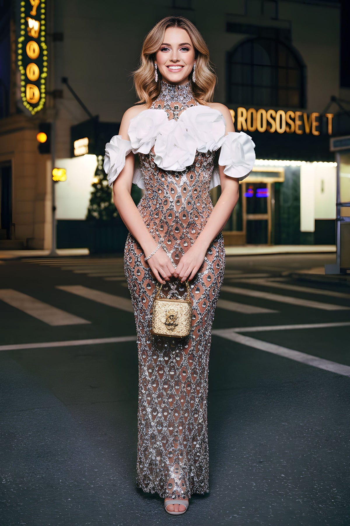 Embellished High-Neck Gown with Oversized Floral Ruffles - VelvetHem