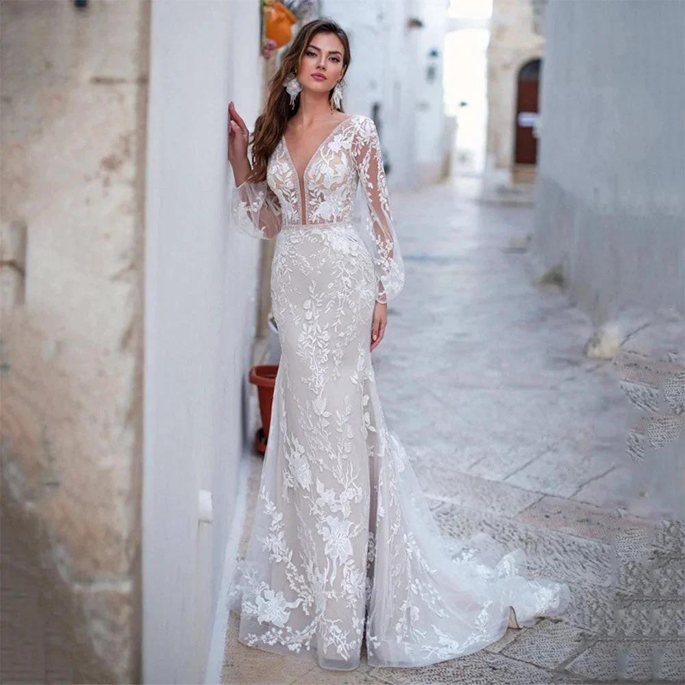 Luxury Backless Tulle Mermaid Wedding Dresses 2022 Long Sleeve Lace Appliques V-neck White Bridal Gown vestidos de novia (ZD13529) - VelvetHem