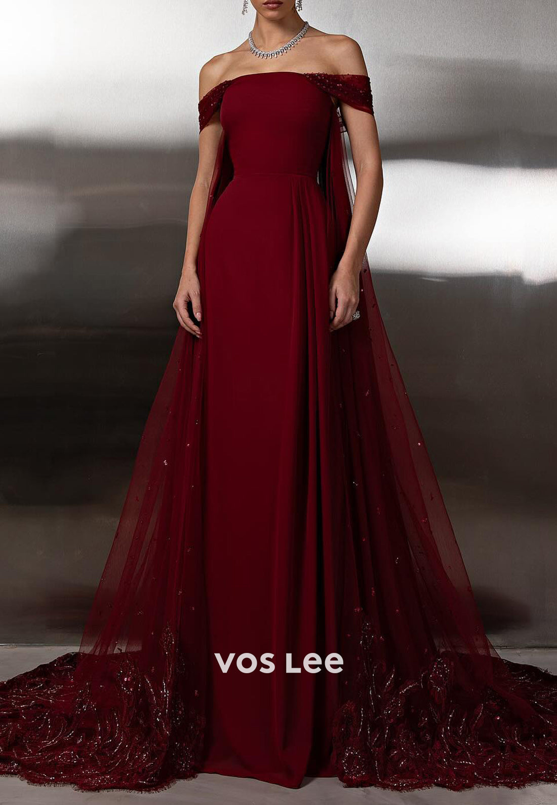 Burgundy - Off the Shoulder Appliques Sequins Sheath Prom Dresses