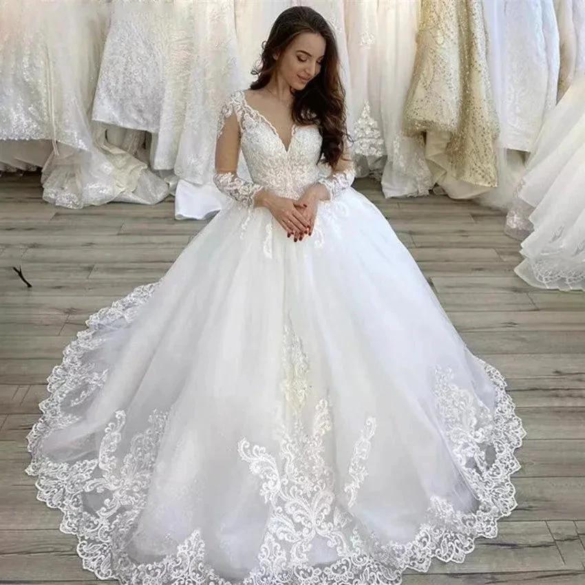 Plus Size Wedding Dresses V Neck Long Sleeves Court Train Tulle Lace Applique Wedding Dresses Lace Up Back Vestido De Noiva (ZD13349) - VelvetHem