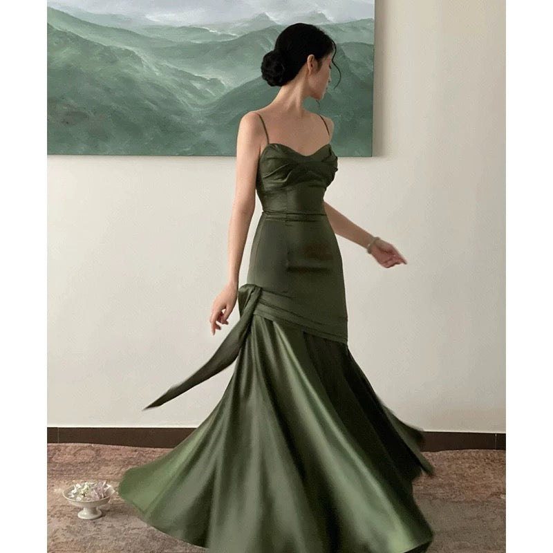 Simple Sheath Spaghetti Straps Floor Length Olive Green Long Party Dresses Birthday Outfits - VelvetHem