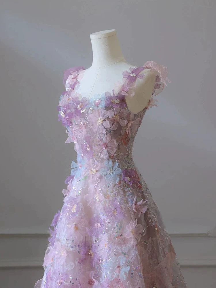 A line 3D Floral lace skirt tulle bodice floor-length prom dresses