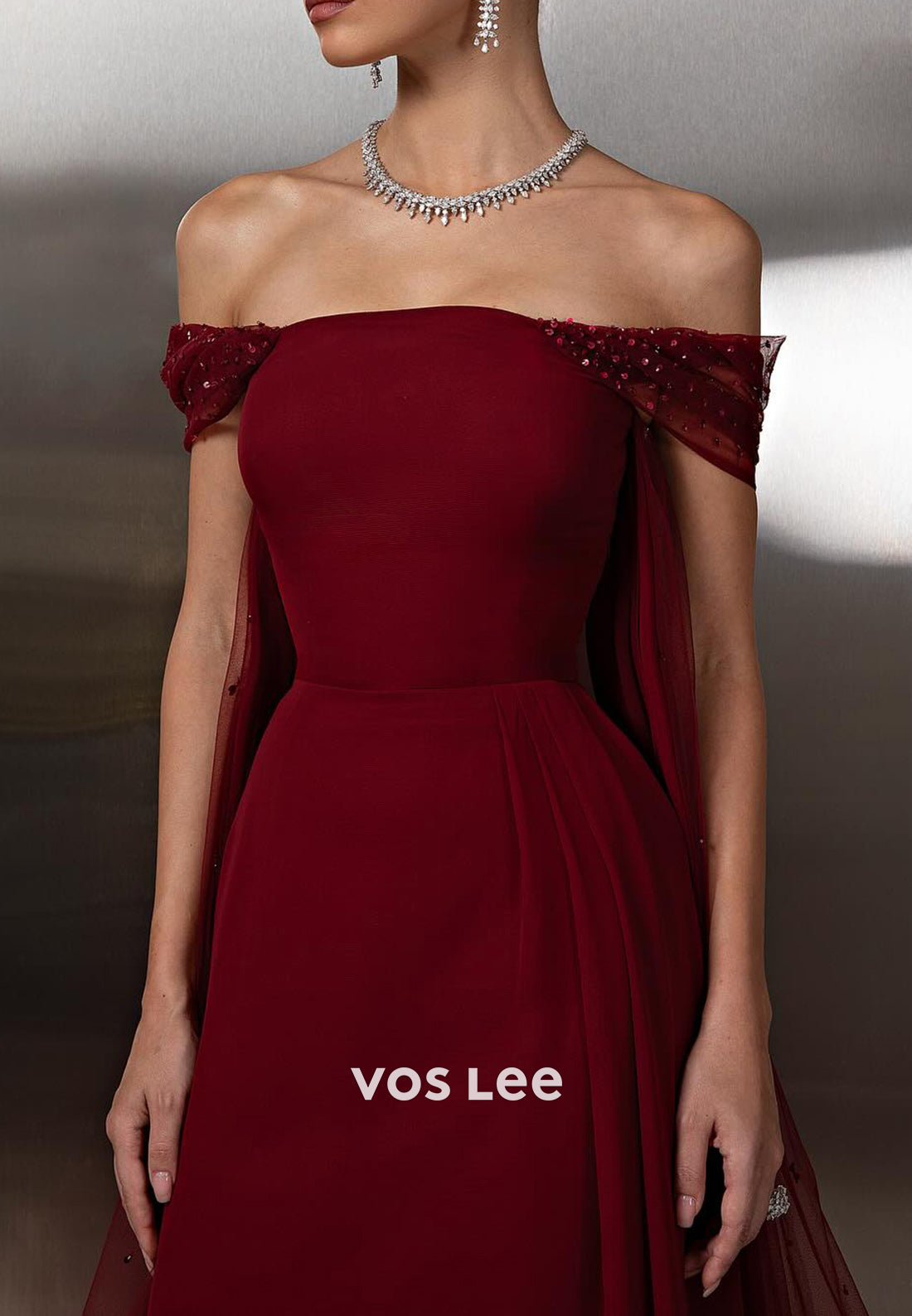 Burgundy - Off the Shoulder Appliques Sequins Sheath Prom Dresses