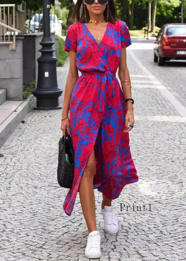 New V Neck Print Side Open Tie Waist Cotton Dress Summer - VelvetHem