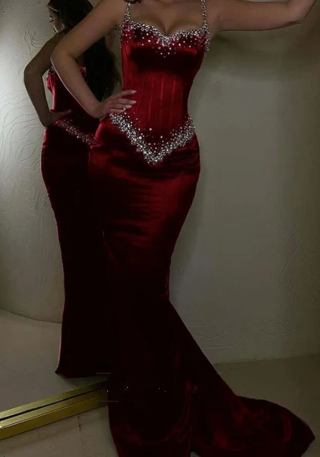 Stylish Red Mermiad Beaded Prom Dress Elegant Party Evening Gown - VelvetHem