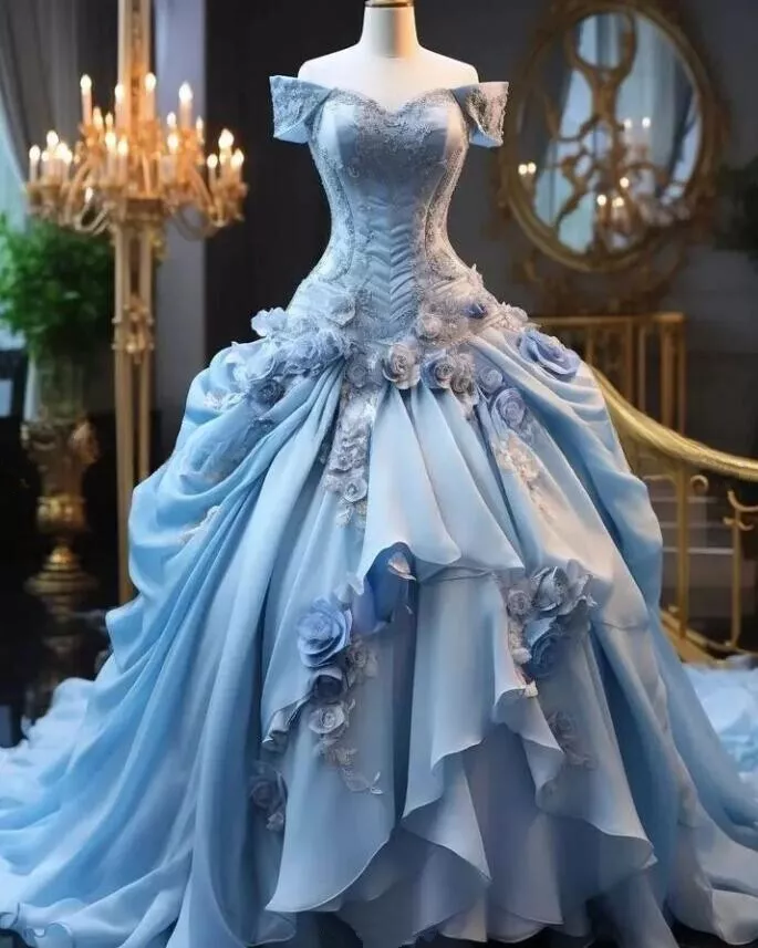 Luxury Off The Shoulder 3D Flowers Sweet 16 Ball Gown Princess Pleated Quinceanera Dress - VelvetHem