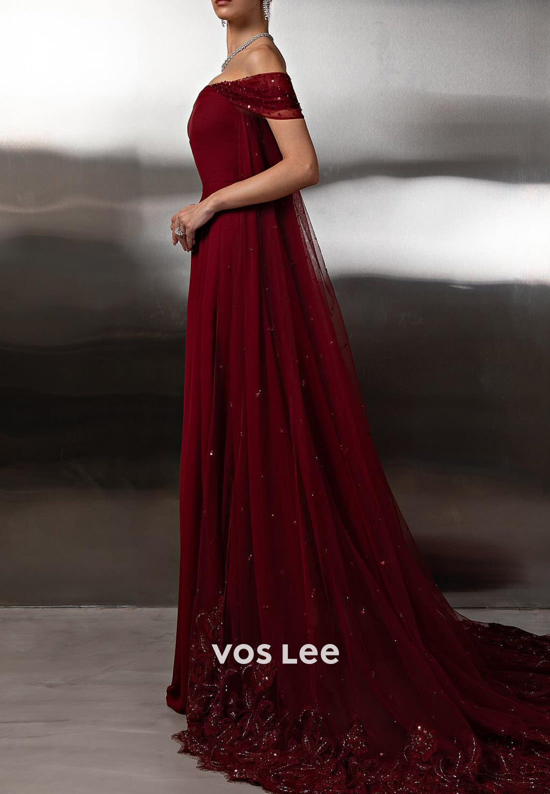 Burgundy - Off the Shoulder Appliques Sequins Sheath Prom Dresses