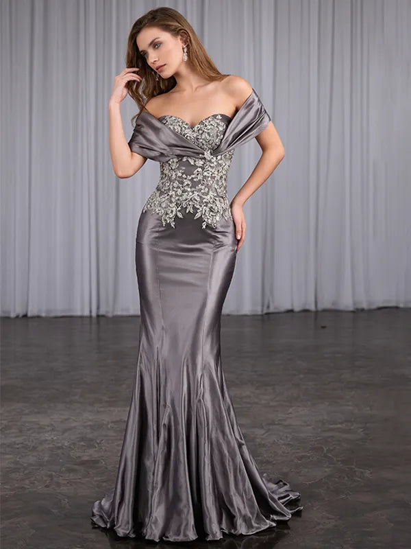 Evening Dress Grey One Shoulder Embroidery Mermaid Dress - VelvetHem