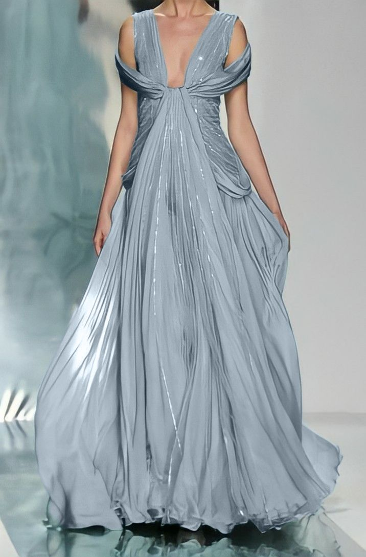 Sexy Deep V Gray Blue Chiffon Sequin Pleated Mermaid Long Party Dress Formal Wedding Guest Dress