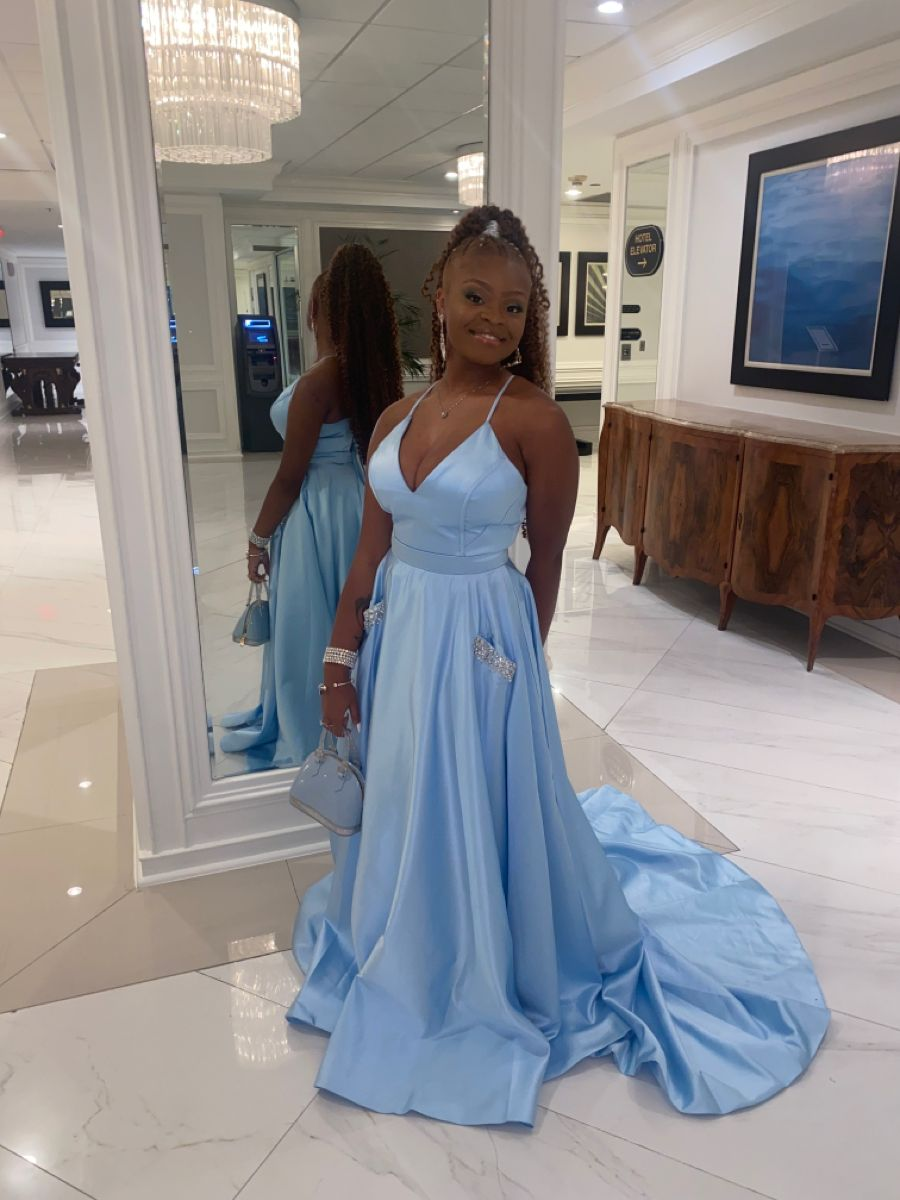 Classic Baby Blue Prom Dress with Pockets - View 2 | VelvetHem