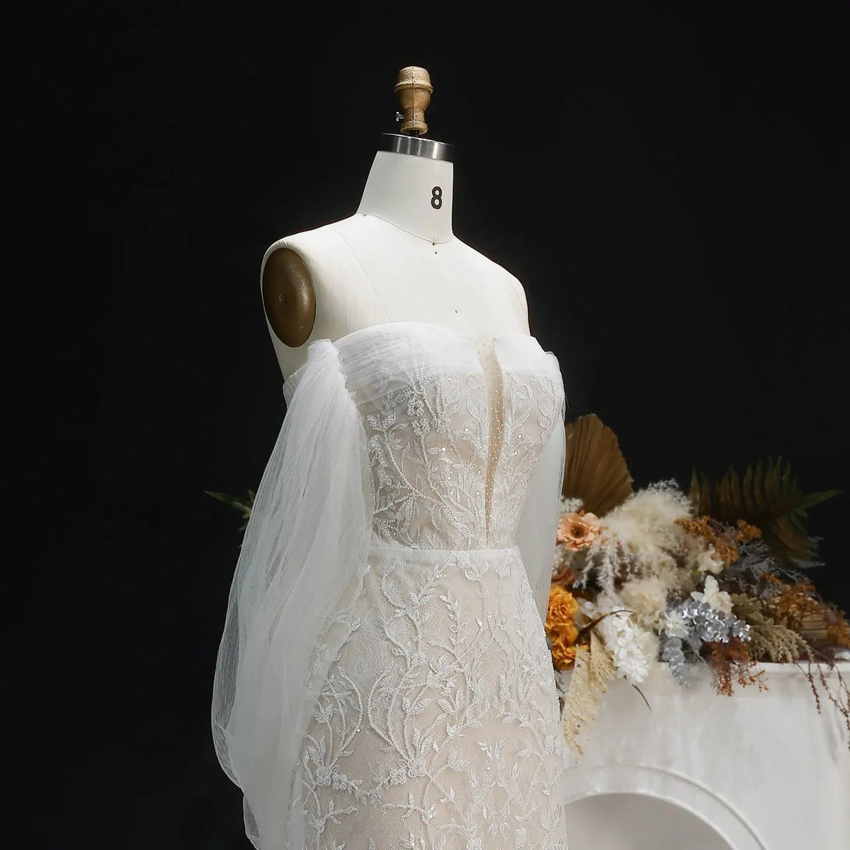 White Nude Lace Mermaid Wedding Dress Luxury Beaded Sequins Tulle Gloves ZP032