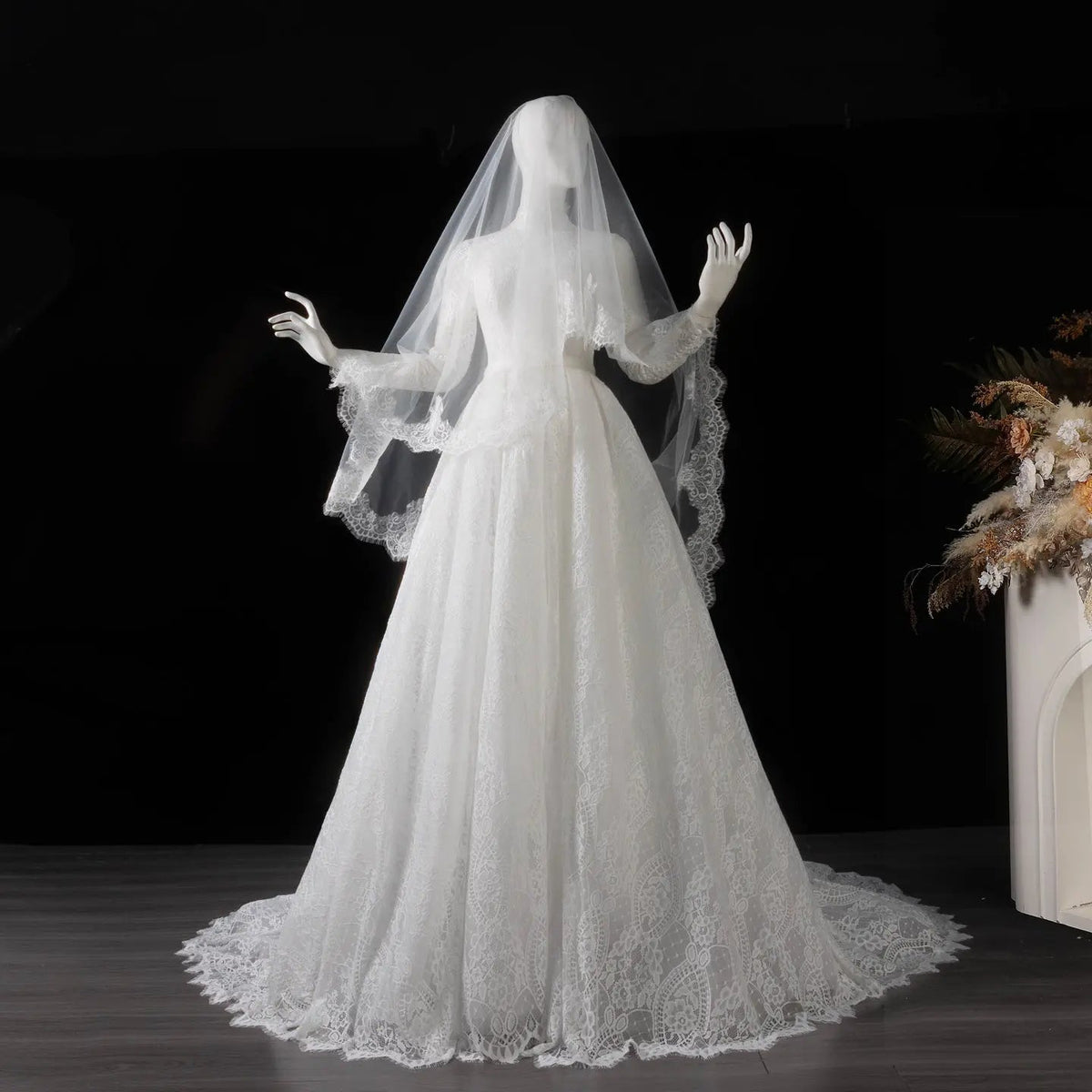 Luxury High Neck Lace Wedding Dress with Overskirt ZP174