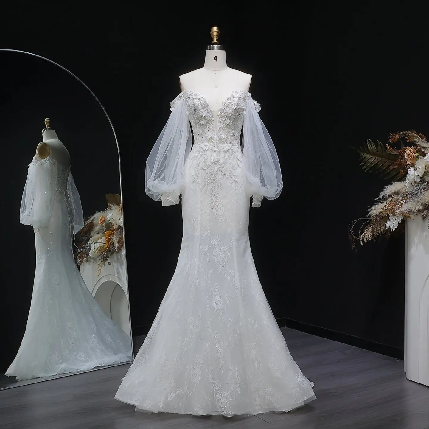 White Off‑The‑Shoulder Puff Sleeve 3D Floral Mermaid Wedding Dress ZP005