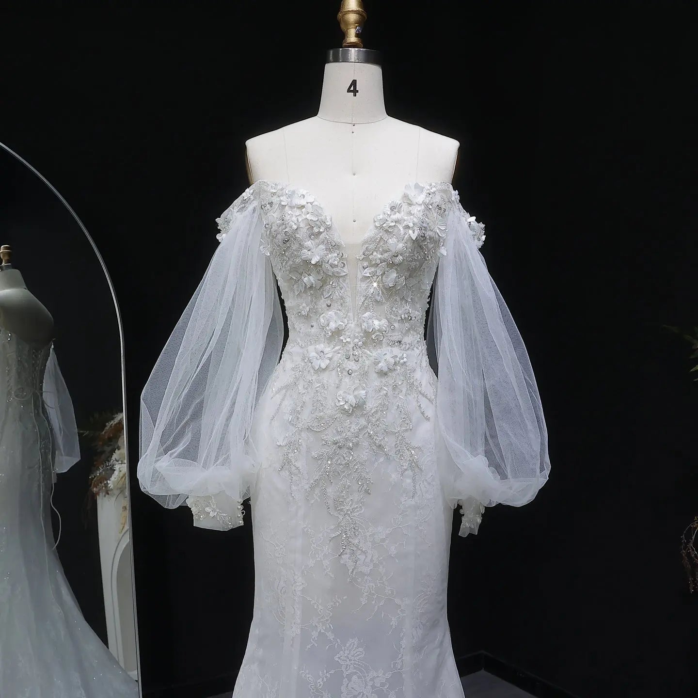 White Off‑The‑Shoulder Puff Sleeve 3D Floral Mermaid Wedding Dress ZP005