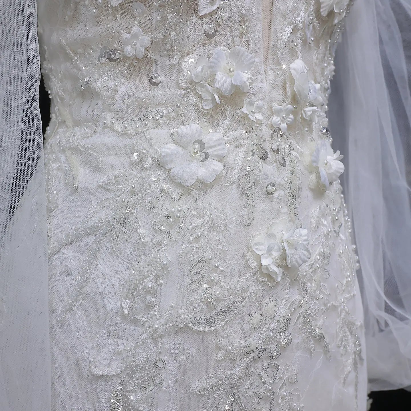 White Off‑The‑Shoulder Puff Sleeve 3D Floral Mermaid Wedding Dress ZP005