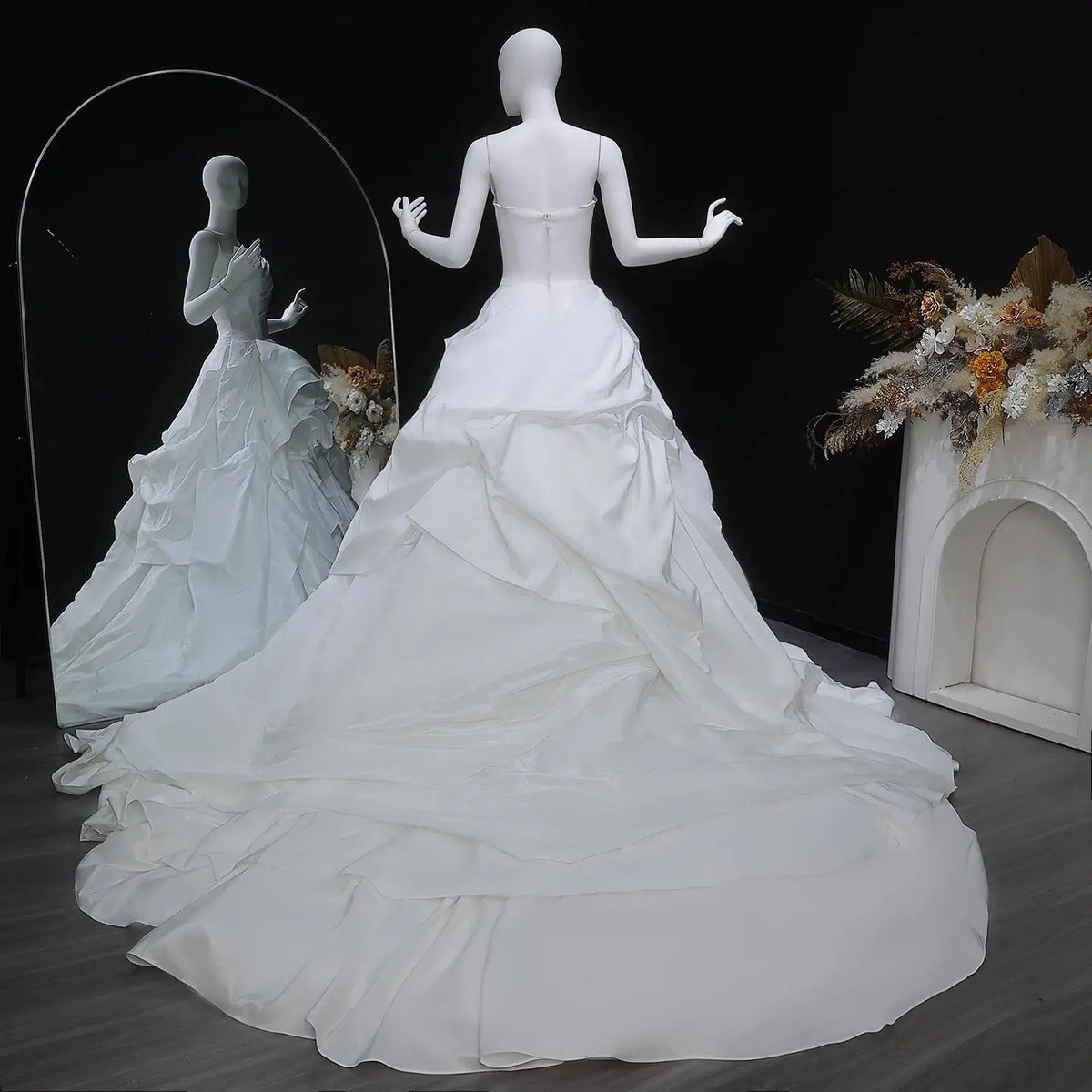 White Ruched Bodice Tiered Voluminous Satin Bridal Gown ZP210
