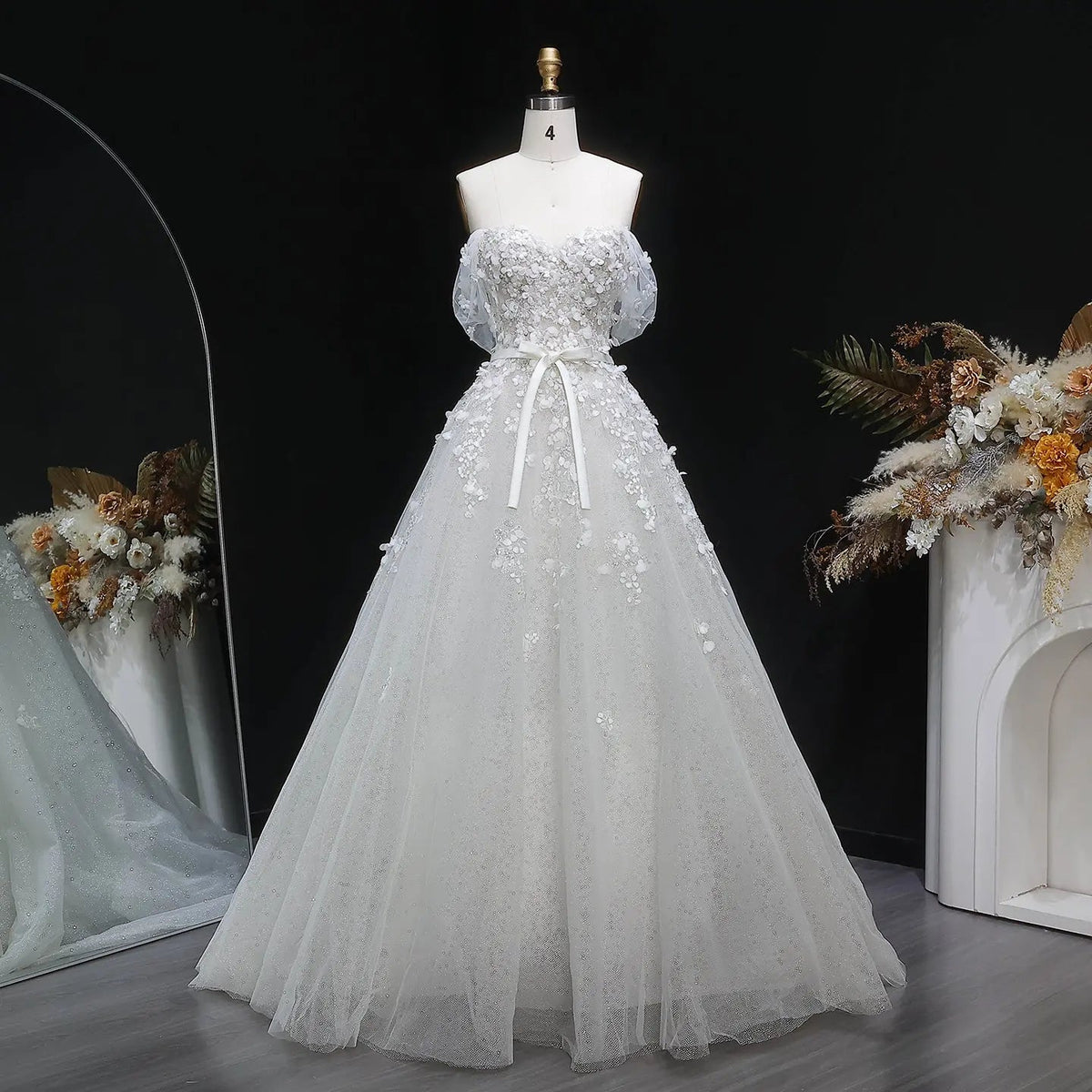 White 3D Floral Applique Sweetheart Ball Gown Wedding Dress ZP007