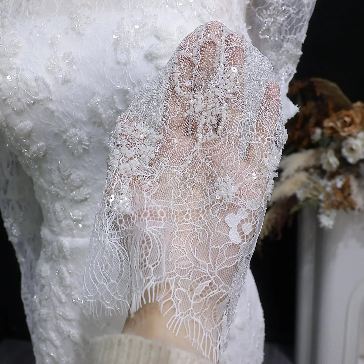 Elegant Printed Crystal Sheer Lace Mermaid Wedding Dress ZP169
