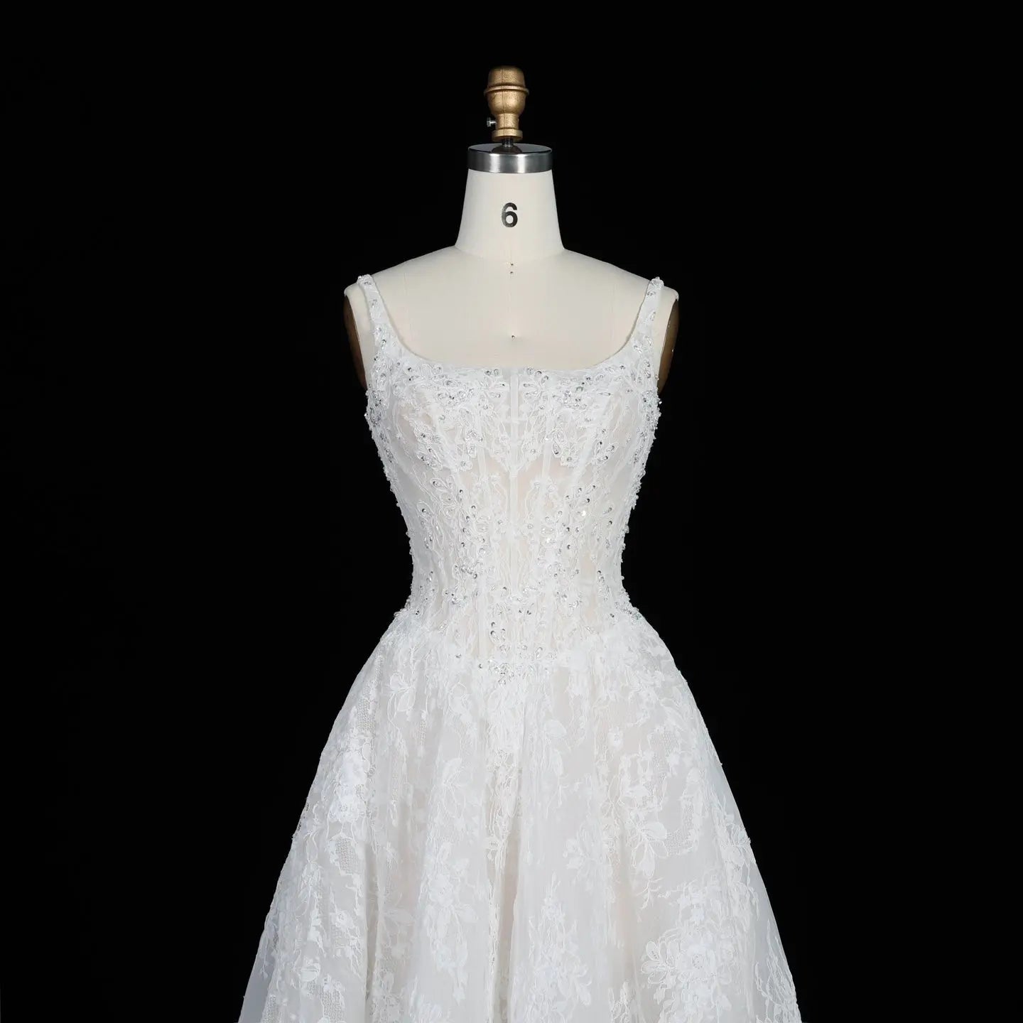 White Lace Spaghetti Strap Bridal Gown Square Neck Beaded Corset Ball Gown ZP012