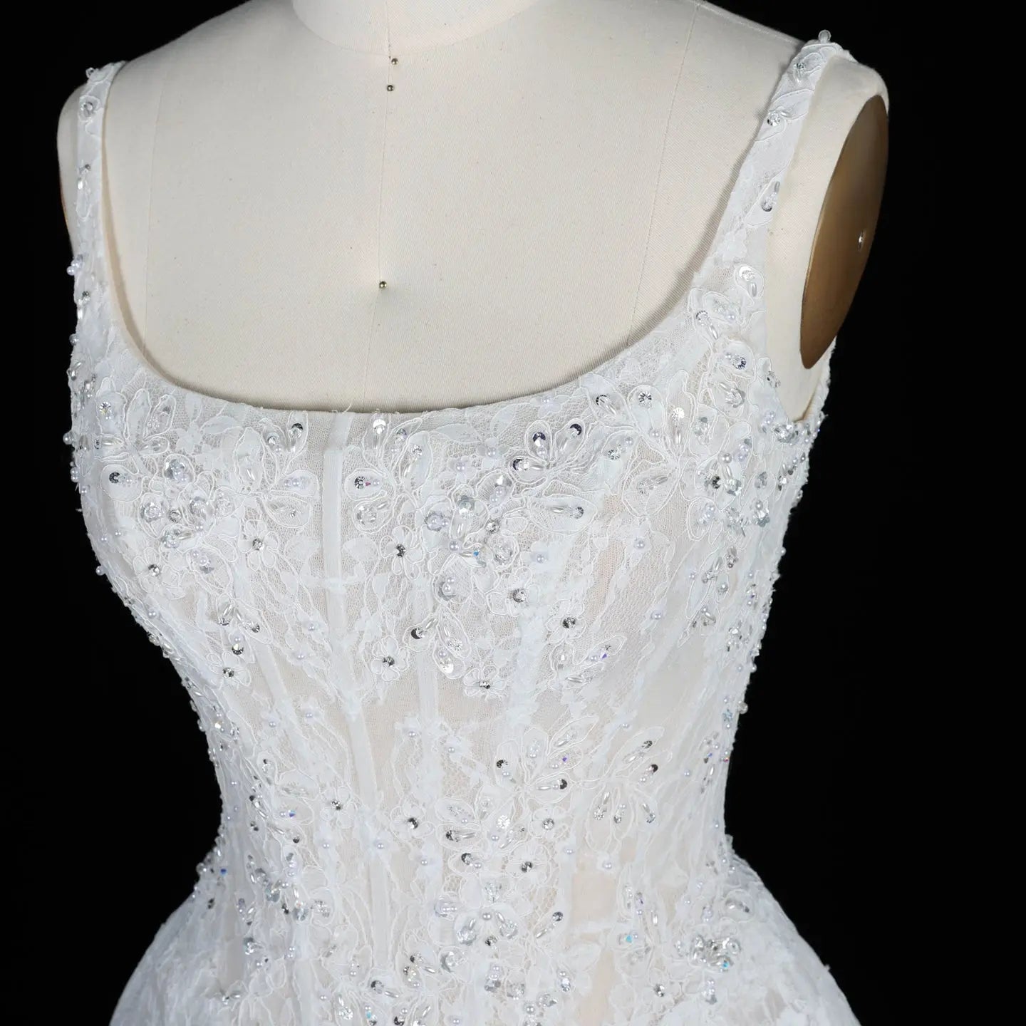White Lace Spaghetti Strap Bridal Gown Square Neck Beaded Corset Ball Gown ZP012