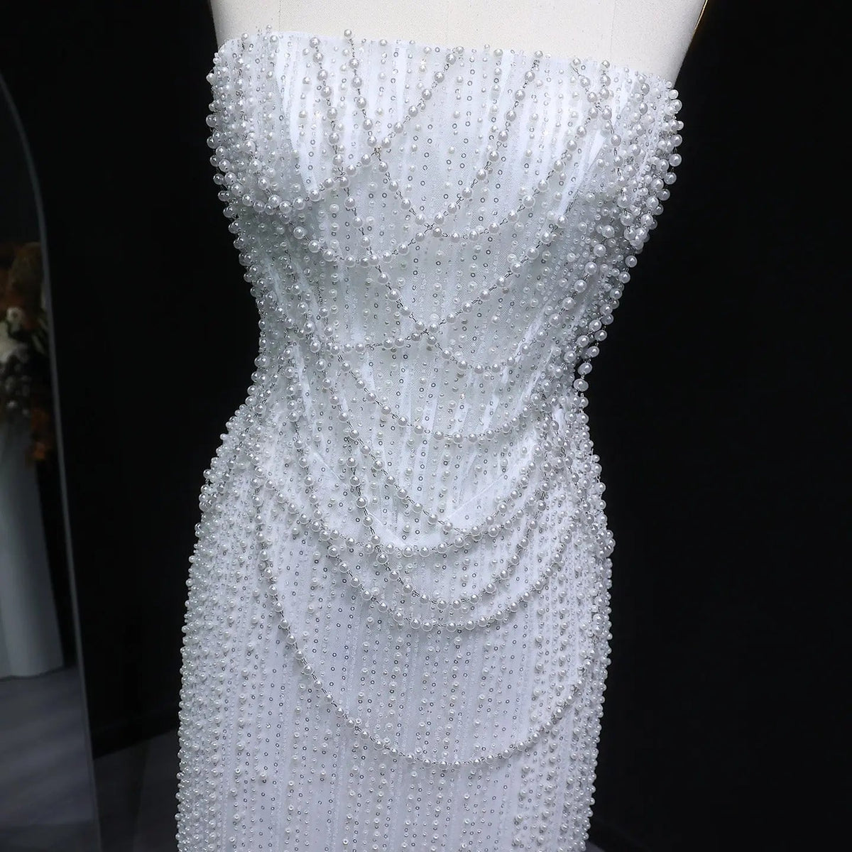 Luxury White Sequin Pearl Strapless Wedding Dress ZP190