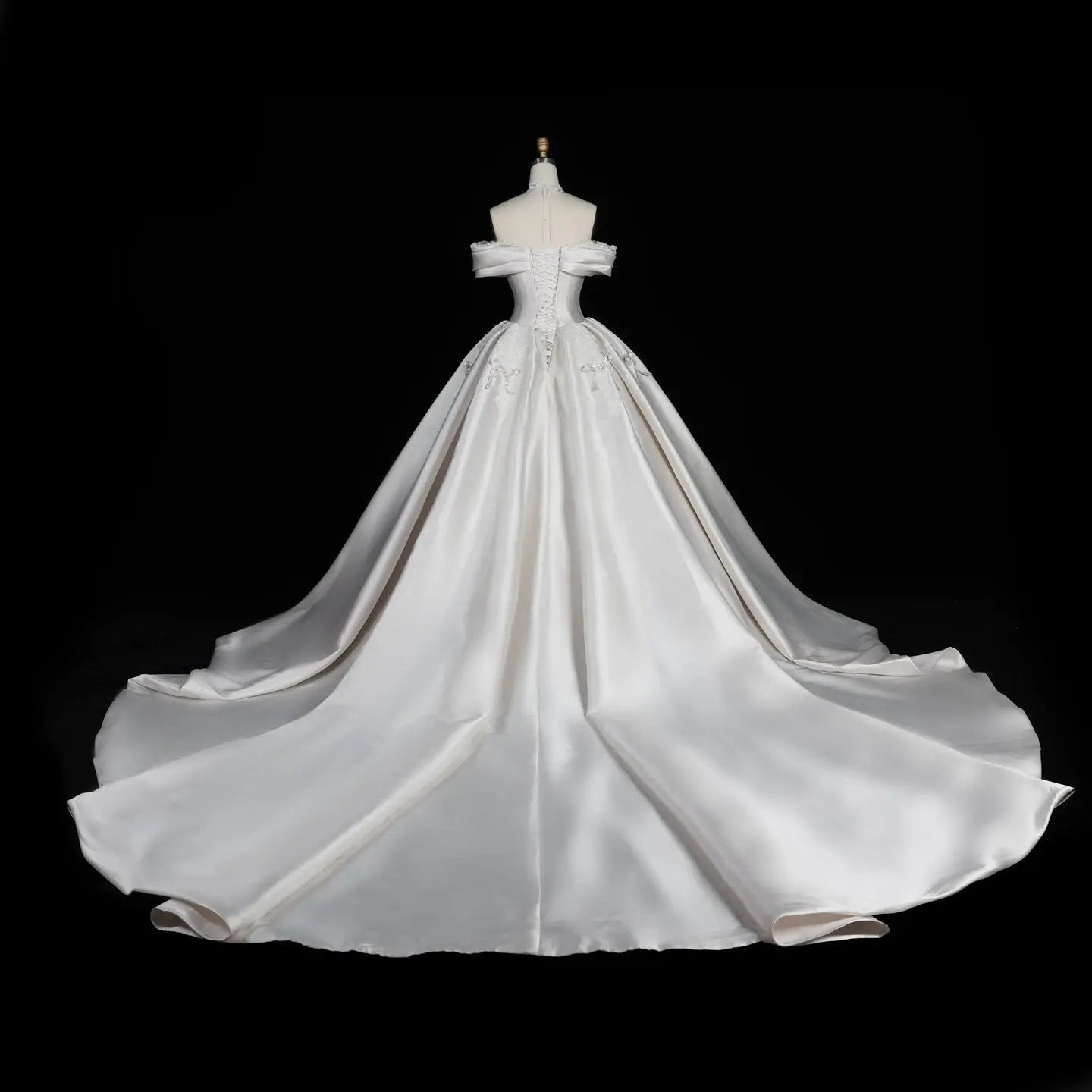 Off the Shoulder White Satin Ball Gown Wedding Dress with Long Cathedral Train ZP017
