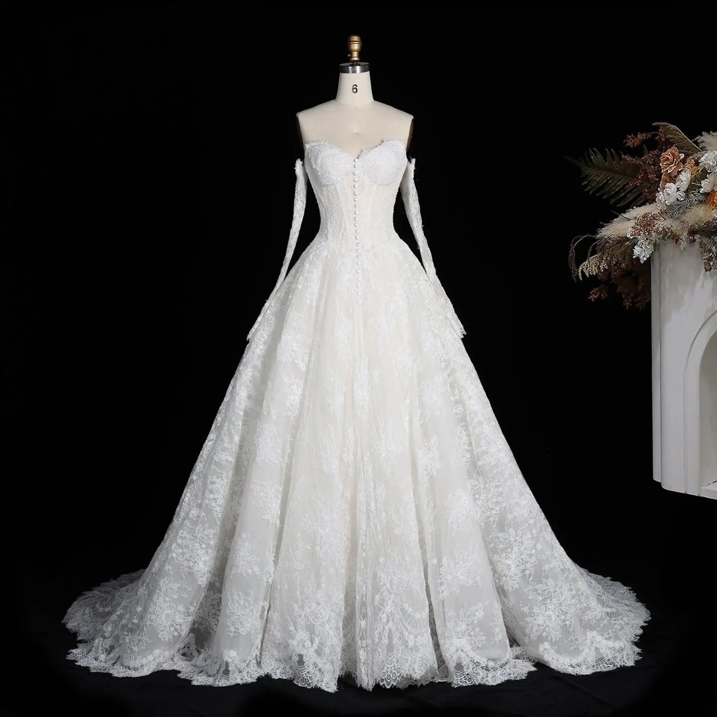 White Floral Lace Ball Gown Wedding Dress with Sweetheart Neckline and Detachable Long Sleeves ZP015