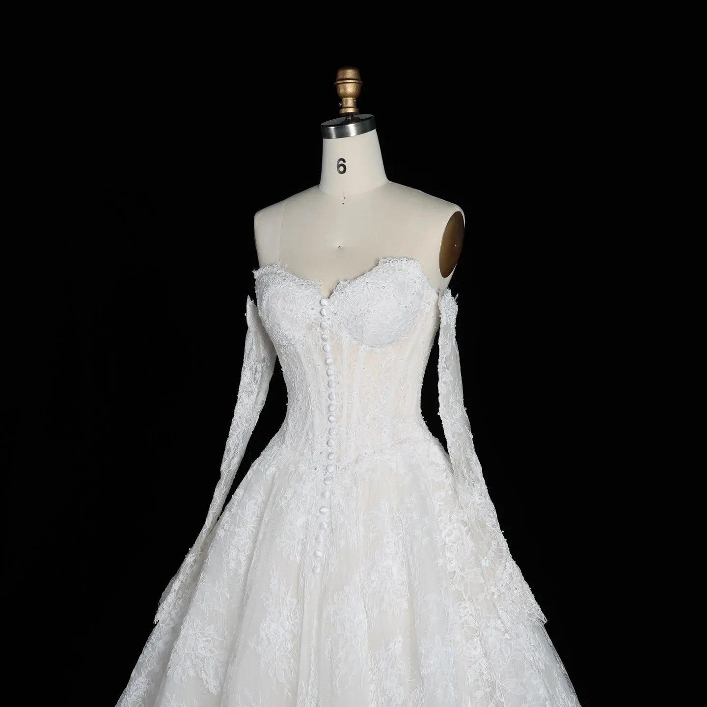 White Floral Lace Ball Gown Wedding Dress with Sweetheart Neckline and Detachable Long Sleeves ZP015