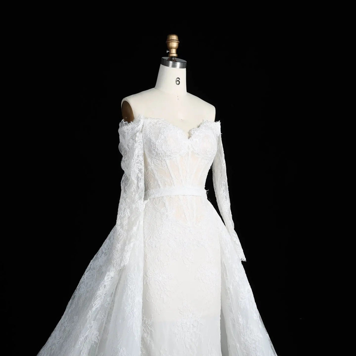 White Lace Mermaid Wedding Dress Off the Shoulder with Detachable Train and Long Sleeves ZP014