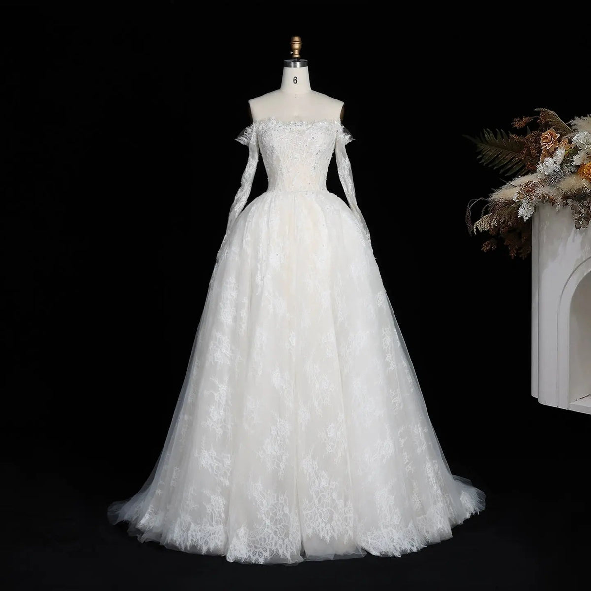 White Lace and Tulle Ball Gown Wedding Dress Off the Shoulder Beaded Bridal Dress ZP013