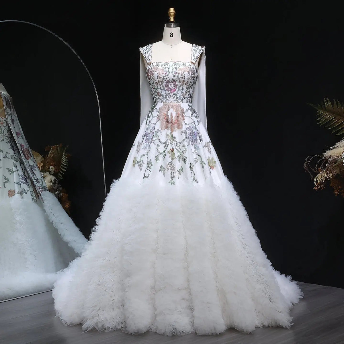 Luxury White Off-Shoulder Diamond Ball Gown Wedding Dress with Cape ZP187 - VelvetHem