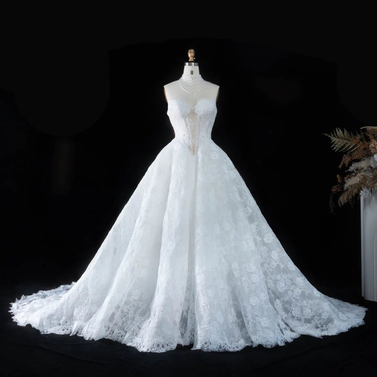 Luxury Ivory Strapless Lace Train Wedding Dress with Scarf ZP140