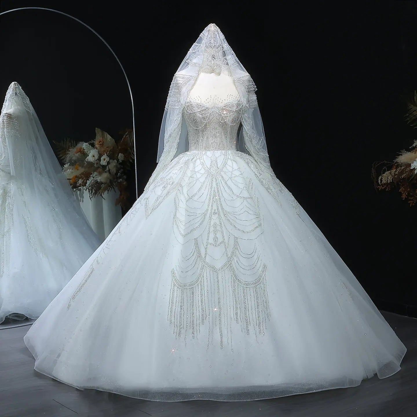 Luxury Beaded Long Sleeve Ball Gown Wedding Dress ZP184